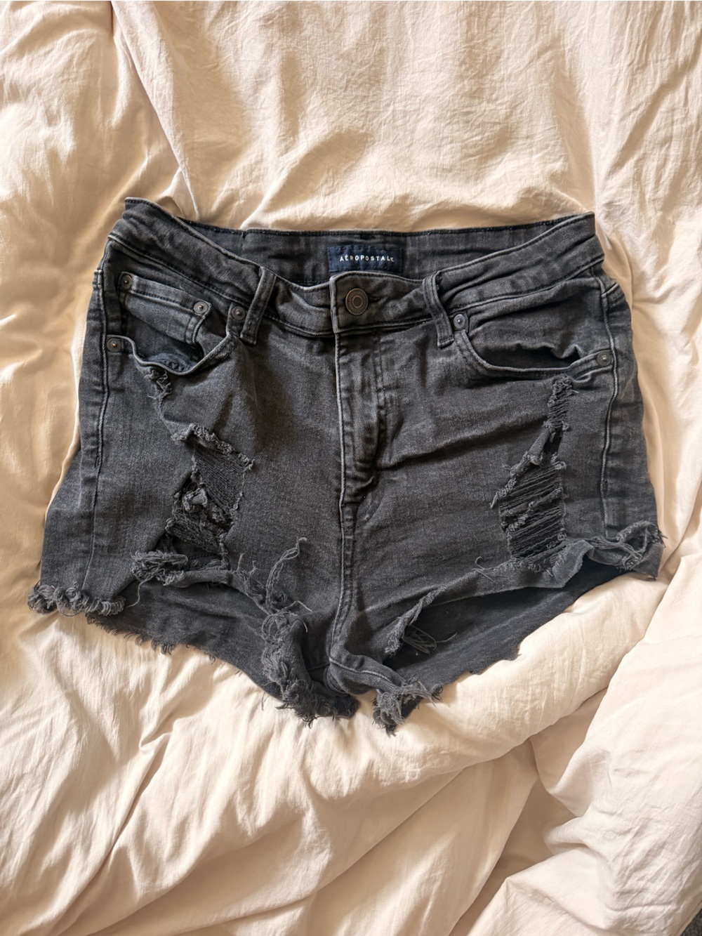 Aeropostale Distressed High Rise Black Denim Shorts